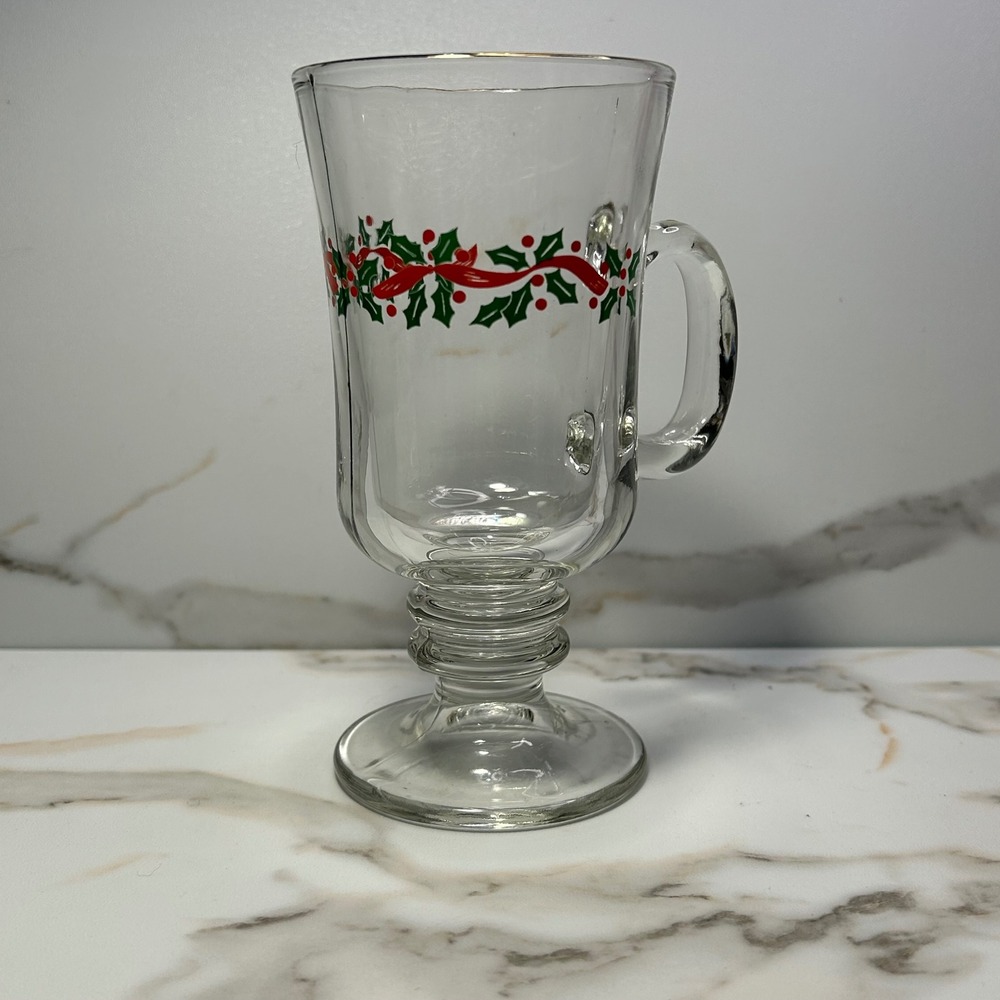 Vintage Christmas Holly Berry Glass Irish Coffee Mug Footed Pedestal Clear